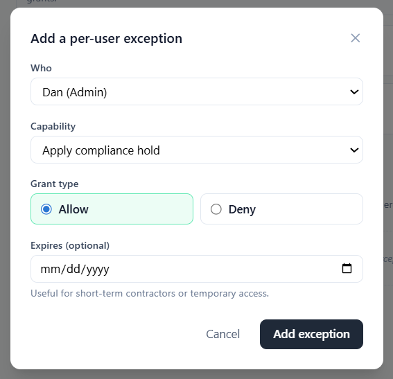 The Add a per-user exception form showing the person, the capability, the Allow or Deny grant type, and an optional expiry date