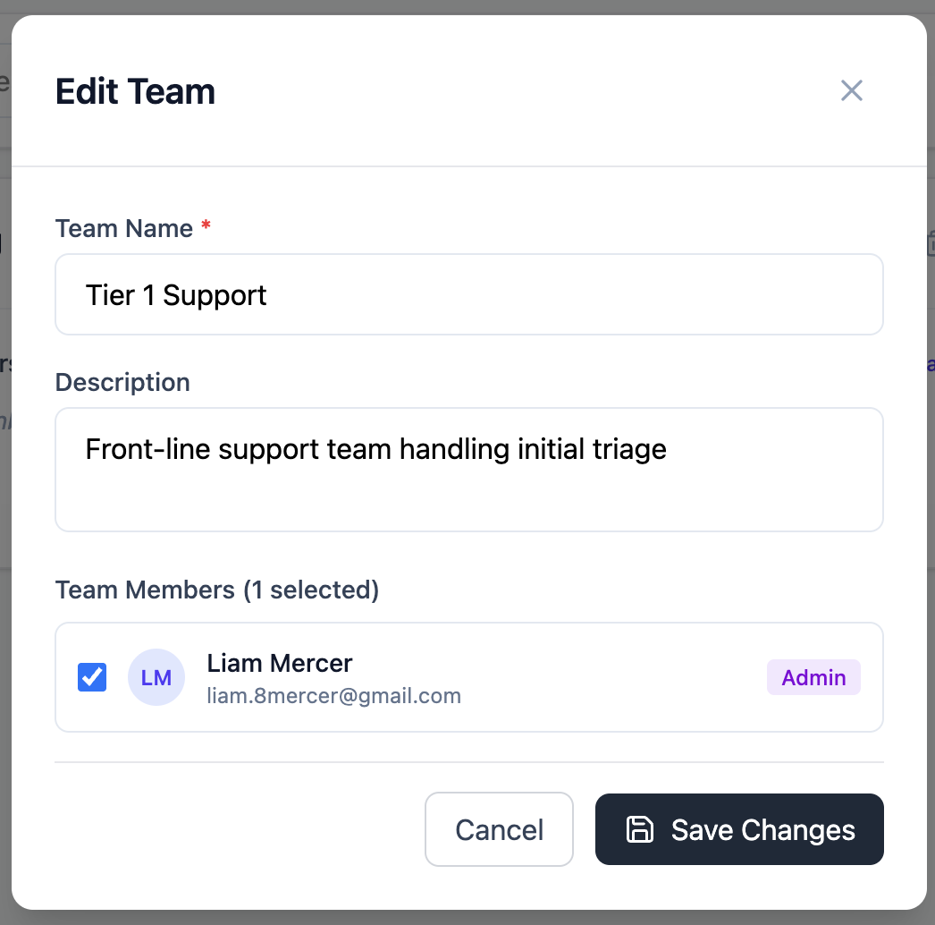 Team detail view showing the team name, description, and member list